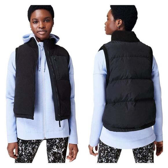 NWT Sweaty Betty Venture Padded Mixed Media Fleece Vest XS black blue cropped